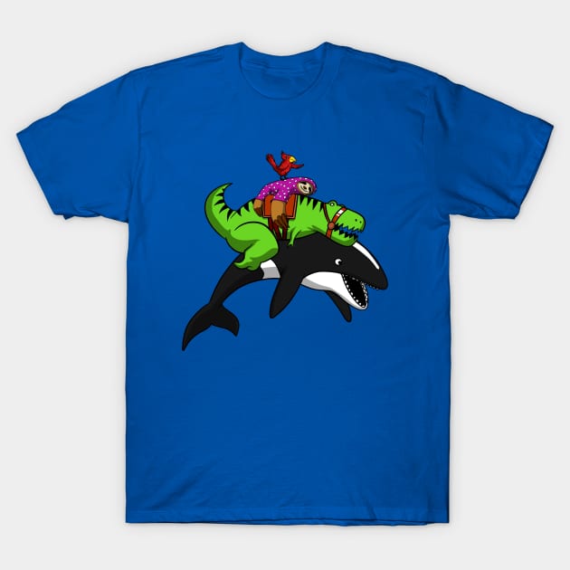 T-Rex Dinosaur Sloth Riding Orca Whale T-Shirt by underheaven